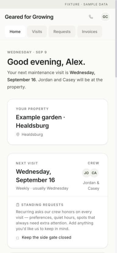 GFG client dashboard on a phone, showing the next visit and standing property requests