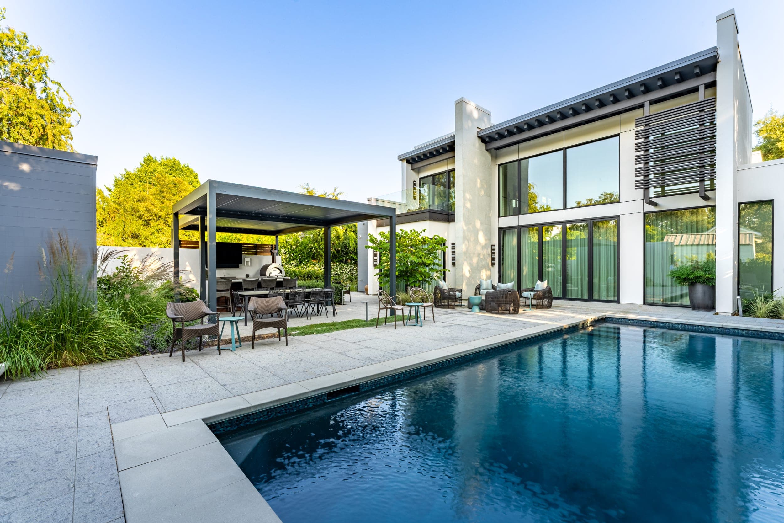 Modern Healdsburg home, pool, and surrounding garden