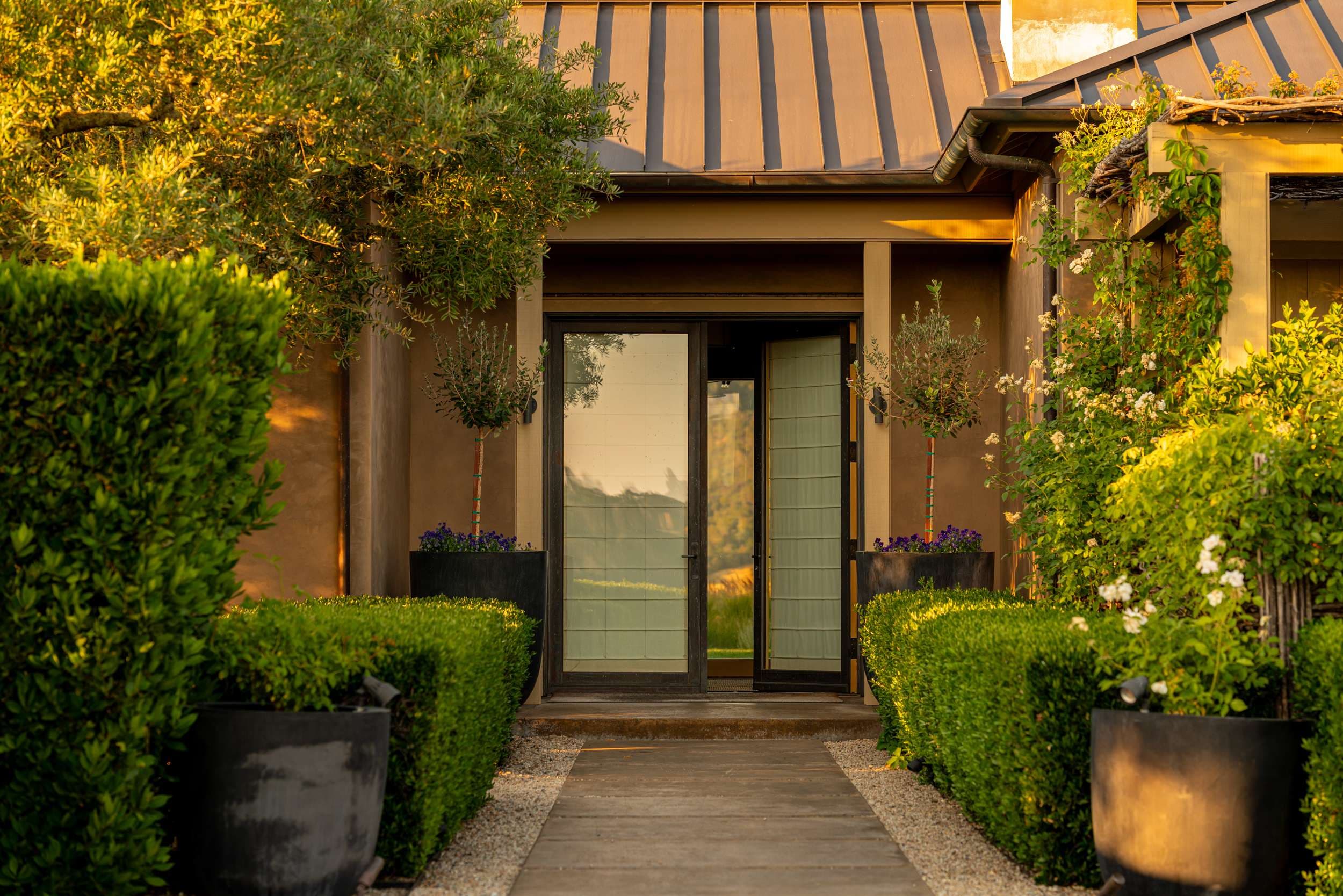 Refined estate entry framed by mature olive trees, clipped hedges, and flowering vines