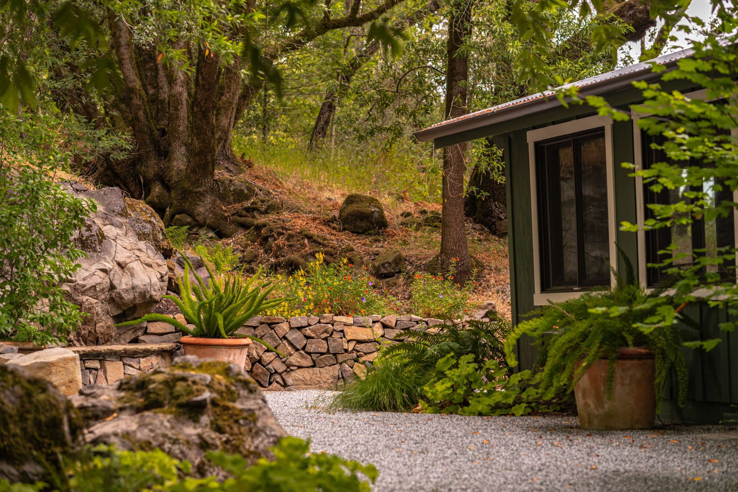 Woodland garden with native stone, ferns, and wildflowers surrounding a secluded retreat
