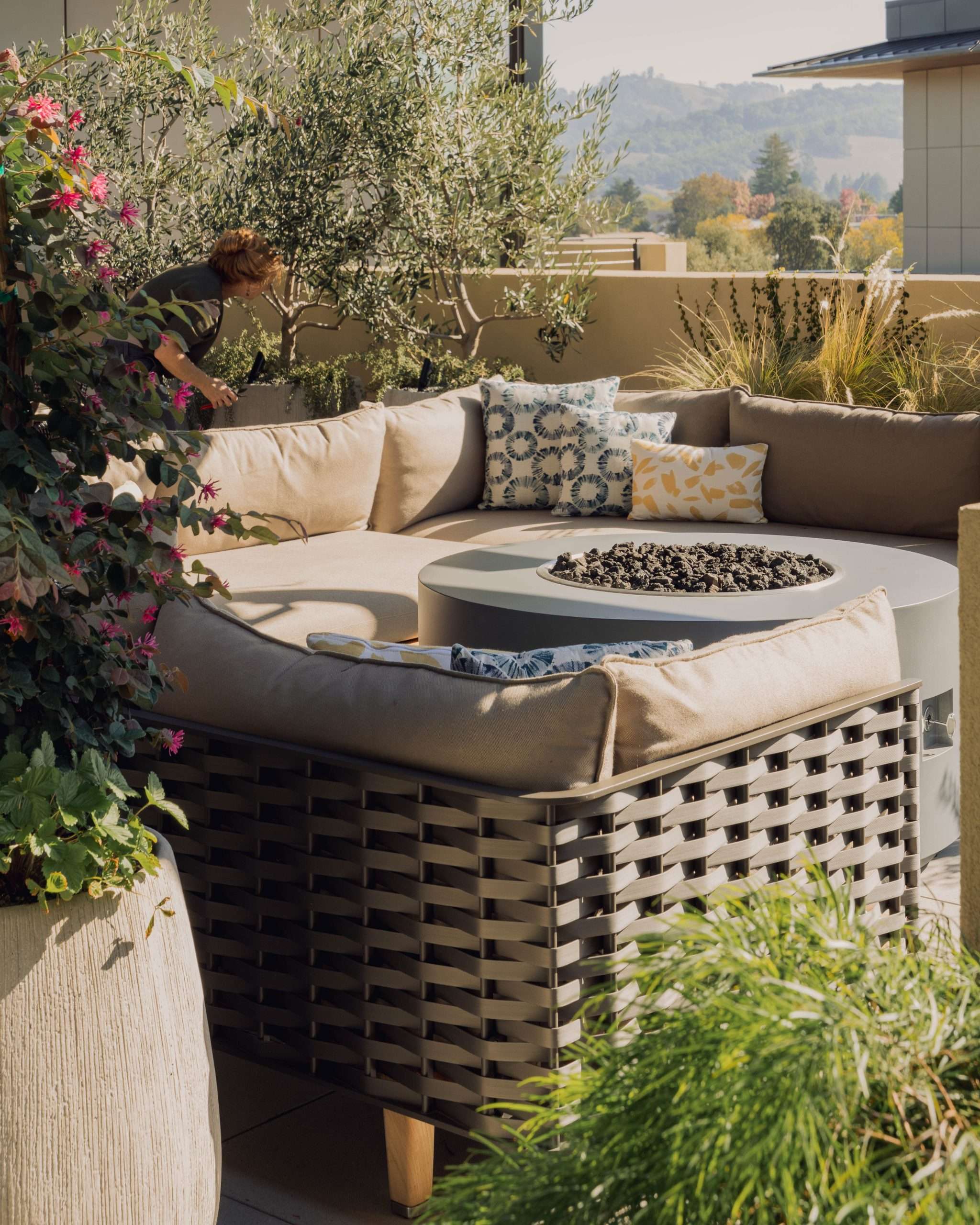 Curved outdoor sectional and fire pit on a contemporary Sonoma County patio
